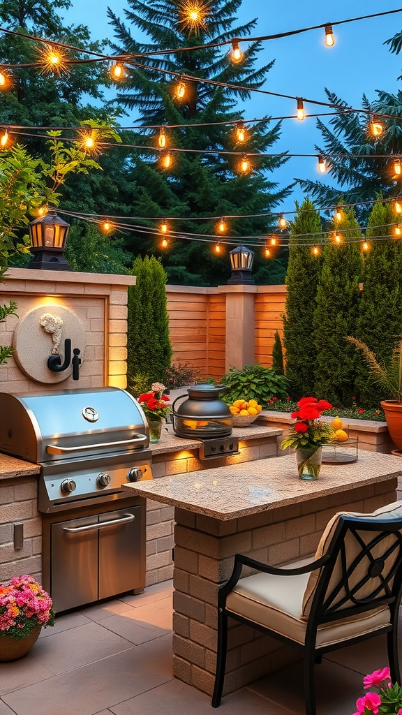 Stylish outdoor barbecue area with grill, stone countertops, seating, and ambient lighting surrounded by greenery.